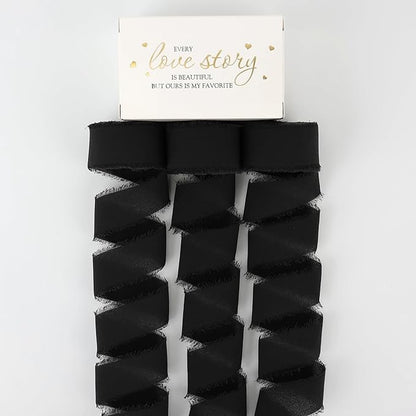 MEEDEE Black Chiffon Ribbon 1 Inch Frayed Ribbon Chiffon Silk Ribbons Black Fringe Thin Chiffon Ribbons for Crafts, Gift Wrapping, Wedding Invitation (3 Rolls 21 Yards)