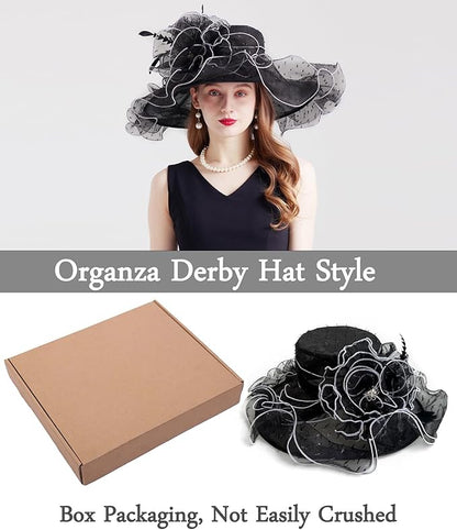 Organza Derby Hats for Women Wide Brim Fascinator Hat Rose Flower Wedding Tea Party Hat