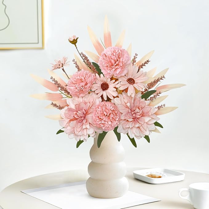 Dremisland Artificial Flowers Bouquet Silk Floral Arrangements Faux Flowers Plant for Home Decor Wedding Bride Bouquets Floral Tables Centerpieces for Home Decor Indoor Vase Table Decor (Pink)