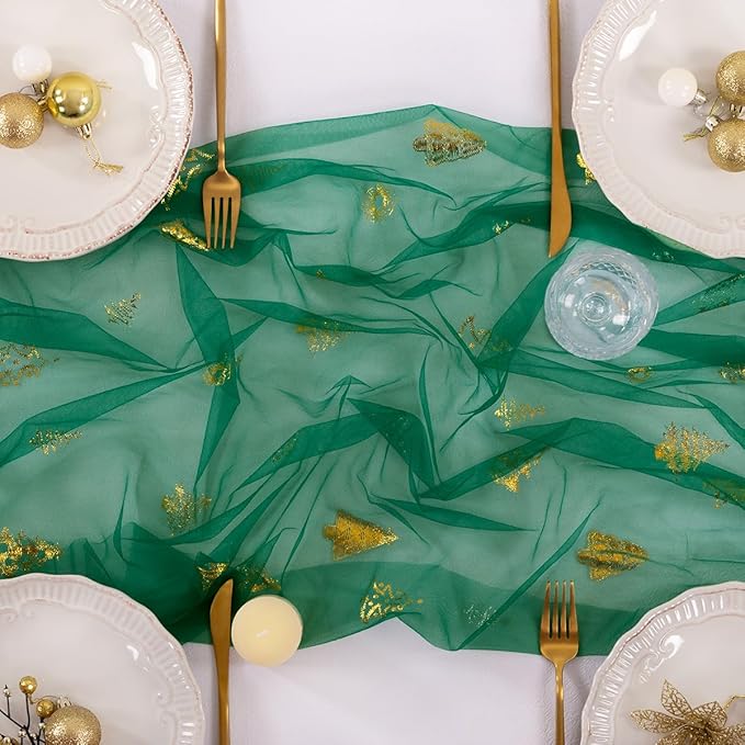 Socomi Christmas Tree Table Runner Gold Gauze Sheer Chiffon Cheesecloth Sequin 10FT Glitter Metallic Foil Dining Wedding Birthday Party Winter Holiday Centerpiece Table Decor 3pcs Emerald Green