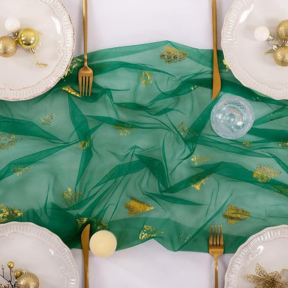 Socomi Christmas Tree Table Runner Gold Gauze Sheer Chiffon Cheesecloth Sequin 10FT Glitter Metallic Foil Dining Wedding Birthday Party Winter Holiday Centerpiece Table Decor 3pcs Emerald Green