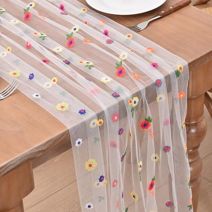 Joanlody 3pcs Ivory Embroidery Daisy Christmas Table Runner 10ft Florals Seasonal Tulle Table Runner Holiday Kitchen Dining Table Decoration for Home Party Indoor