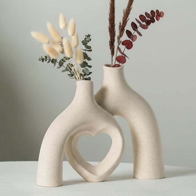 Snuggle Hollow Hug Donut Ceramic Vase, 8.3 Inch Modern Nordic Boho Style Aesthetic Decorative Flower Vases for Home Decor Pottery Barn Dining Living Room Table Shelf (Milky White)