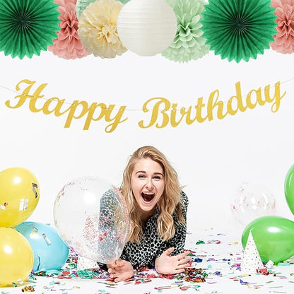 Olive Sage-Green Beige Happy-Birthday Party-Decorations - 31pcs Women Girls Adults Paper Lanterns Streamers Banner,Tissue Pom Poms Decor,Flower Fans Tassels Graland Boho Neutral Supplies Hugmoon