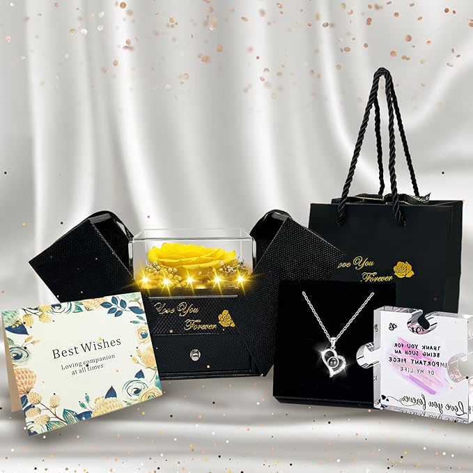 Preserved Real Rose-Eternal Flowers Rose Mothers Day for Mom Women Her Wife Girlfriend on Birthday Valentines with I Love You Necklace 100 Languages Romantic Gift (Yellow)