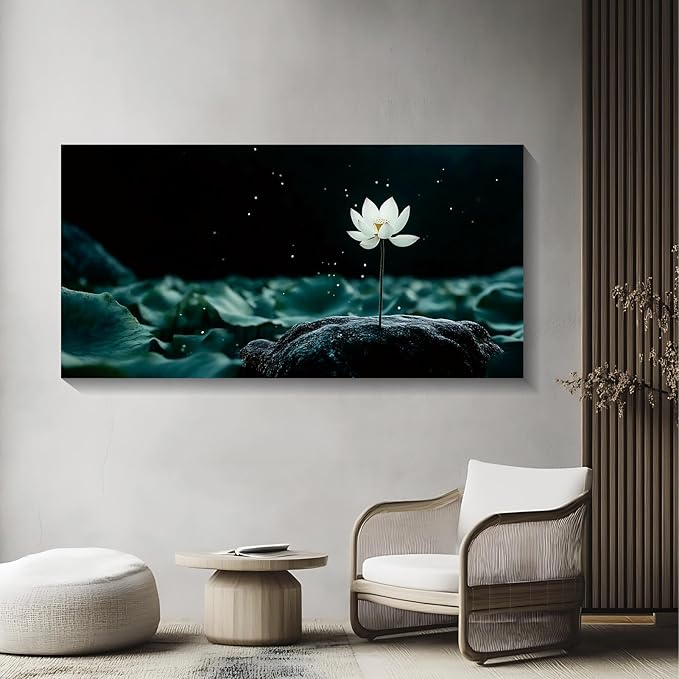 Iallbin Buddha Wall Art & Zen Wall Decor, White Lotus on Water Canvas Painting - for Yoga Meditation Room, Spa & Bathroom, Blue Art Deco Style, 58x29 Inches