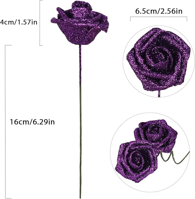 Purple Glitter Roses 30pcs Purple Foam Roses with Glitter 2.56" Fake Glitter Flowers Rose Decoration for Baby Shower Flower Centerpieces for Table