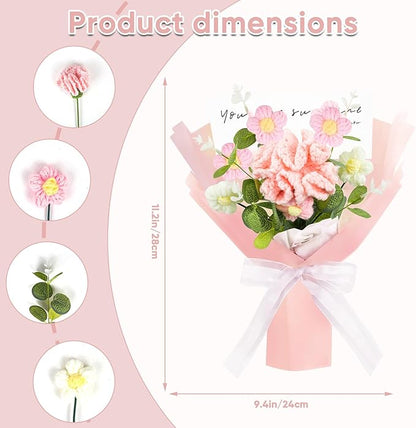 Crochet Flowers Bouquet,Handmade Carnation Flowers Knitted Artificial Crochet Flowers Present for Mother's Day Valentine's Day Birthday Home Decor(Medium-Pink Carnation)