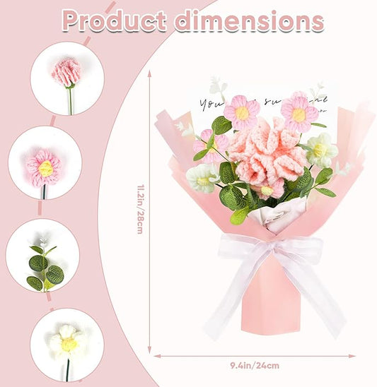 Crochet Flowers Bouquet,Handmade Carnation Flowers Knitted Artificial Crochet Flowers Present for Mother's Day Valentine's Day Birthday Home Decor(Medium-Pink Carnation)
