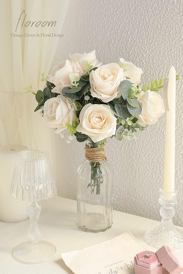 Floroom Artificial Flowers 20pcs Real Looking Cream High-Centered Foam Fake Roses with Stem for DIY Wedding Bouquets Bridal Shower Centerpieces Floral Arrangements Party Tables Home Decorations