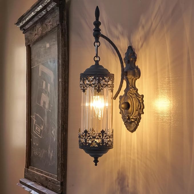 Rustic Wall Sconce with Amber Glass Mini Vintage Antique Gothic Wall Light Fixture Retro Farmhouse Mid Centry Lantern Wall Sconce for Bedroom, Hallway, Living Room, Mirror, Black, E12