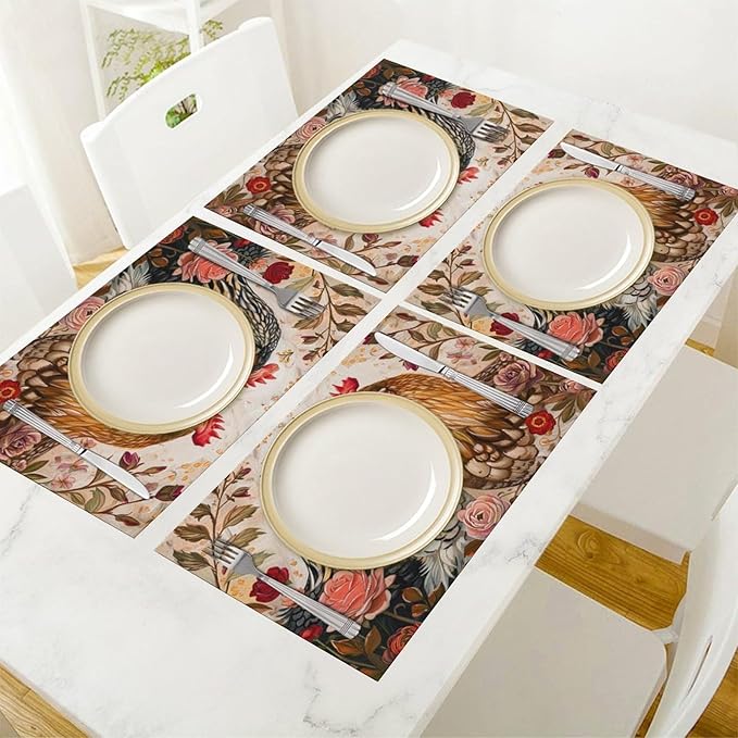Rooster Placemats Set of 4 Farmhouse Chicken Plants Flower Placemats Farm Cock Chicken Country Hen Washable Place Mats for Party Kitchen Dining Decoration 4 PCS
