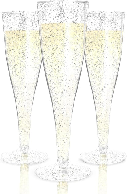 Prestee 24 Champagne Flutes Plastic - Disposable Flute - Silver Glitter Plastic Glasses for Parties - Mimosa Bar, Wedding, Shower Party, New Years Eve Party Supplies 2025 (Silver)