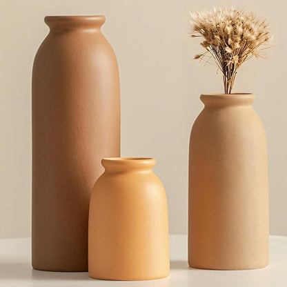 Ceramic Vase Set-3, Small Flower Vases for Decor, Modern Boho Farmhouse Style, Decorative Vases for Pampas Grass & Dried Flowers, Distressed Finish (Earth Tone)