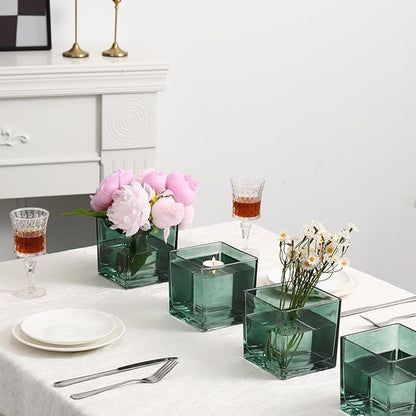 Square Glass Vases Set of 4, 5" x 5" x 5" Green Flower Vases for Centerpieces, Square Vase for Flowers, Small Vase for Wedding, Party, Home Office Decoration