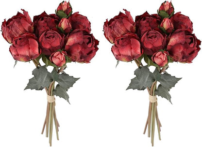 Peonies Artificial Flowers 2 Bouquets, Vintage Peonies 18pcs Silk Peonies with Stems Real Look Red Fake Peonies Flowers Artificial for Decoration for Wedding Bouquet (Red)