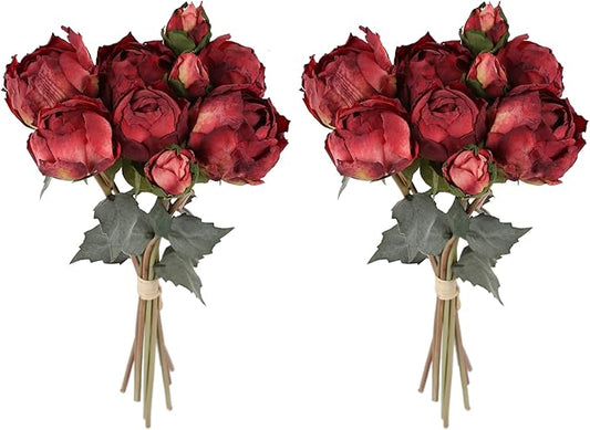 Peonies Artificial Flowers 2 Bouquets, Vintage Peonies 18pcs Silk Peonies with Stems Real Look Red Fake Peonies Flowers Artificial for Decoration for Wedding Bouquet (Red)