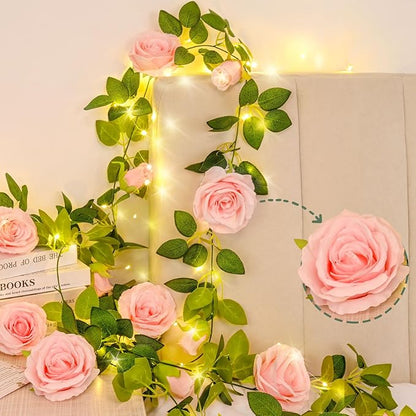 4 Pcs Flower Garland with 39.2 Ft Lights, 26.4 Ft Pink & White Floral Garland Fake Flowers for Wedding Arch Party Wall Garden Room Decor