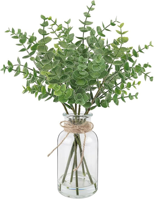 Artificial Eucalyptus Stems in Glass Vase 14" 6Pcs Faux Eucalyptus Branches Home Table Decor Fake Plants Stems for Farmhouse Kitchen Bathroom Decorations (Small Vase-Style B)