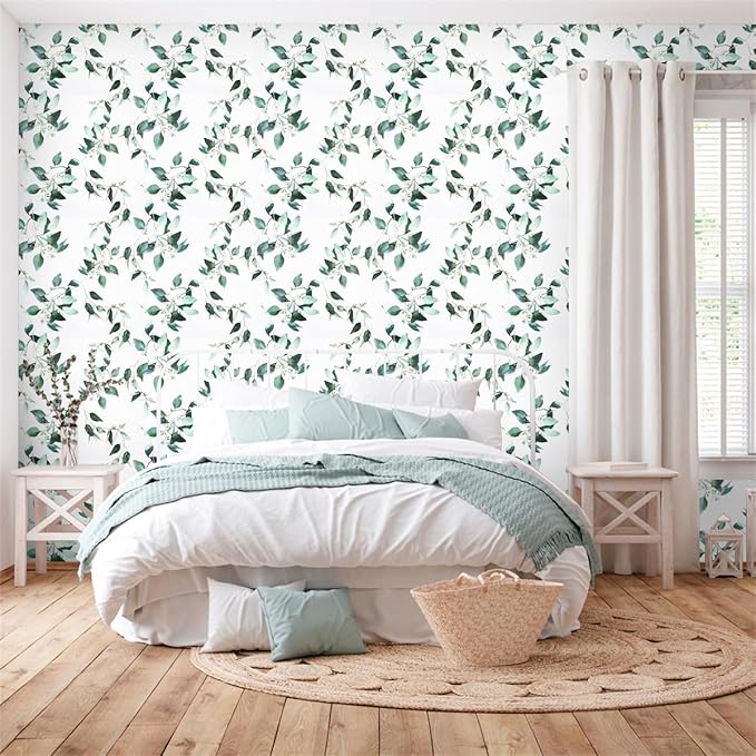 Erfoni Green and White Peel and Stick Wallpaper Floral Contact Paper for Bedroom17.7inch x 78.7inch Eucalyptus Wallpaper Peel and Stick Vintage Flower Decorative Removable Wall Paper Vinyl Roll