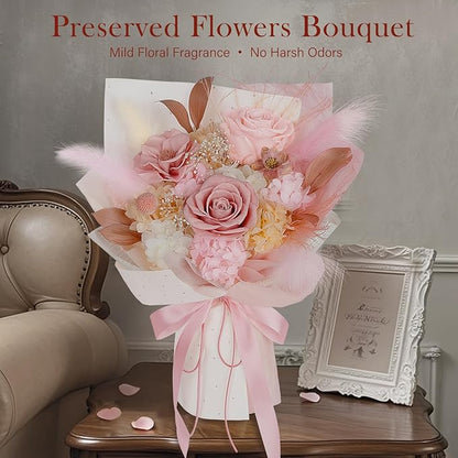 Preserved Bouquet of Flowers - Real Roses & Flowers for Delivery, Long-Lasting Dusty Pink Forever Camellia Flowers, Eternal Roses Bouquet for Mothers, Mom, Wife Anniversary Birthday Gifts for Women