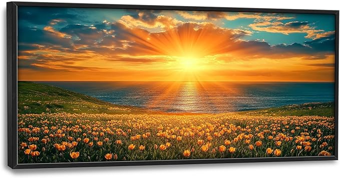 Tulip Flowers Large Wall Art Coastal Floral Landscape Pictures Wall Decor Ocean Canvas Prints Painting Framed Artwork Home Decorations above Bed for Bedroom Living Room Kitchen Dining Room 60"x30"
