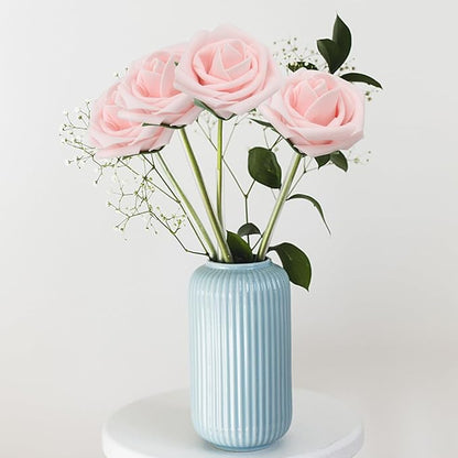 50PCS Artificial Flowers Blush Pink Roses Real Looking Foam Fake Roses with Leaves and for DIY Wedding Bouquets Bridal Shower Centerpieces Party Decorations (Blush Pink)