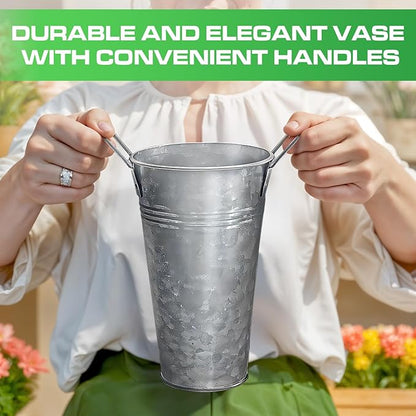 Plexon 9" Tall Galvanized Metal Vase for Flowers, Metal Flower Container with Handles, Farmhouse French Tin Vases for Flowers Ideal for Sparkler Bucket Wedding Home Decor, Set of 12