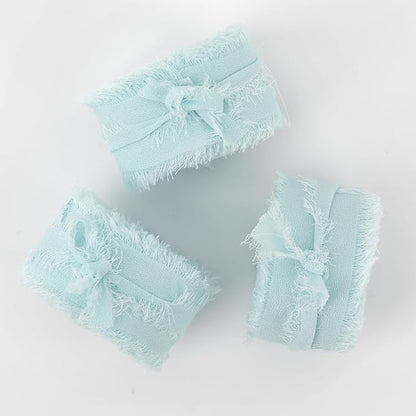 MEEDEE Aqua Chiffon Ribbon 1 Inch Fringe Ribbons Blue Chiffon Silk Frayed Edge Ribbon Thin Chiffon Ribbons for Crafts, Gift Wrapping, Wedding Invitation (3 Rolls 21 Yards)