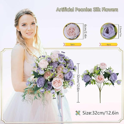 8 Bundles Peonies Artificial Flowers Silk Peonies Faux Flowers Fake Peonies Artificial Flowers Peonies Bouquet for Table Centerpieces Decoration Wedding Decor Home Party Decor (Pink and Purple)