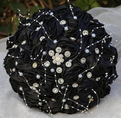 Bridal Wedding Bouquet Round Bling Brooch Bouquet Throw Toss Artificial Rose Flower Bunch for Bride Bridesmaid Wedding Quinceanera(Black, 6.3")