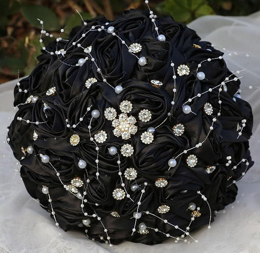 Bridal Wedding Bouquet Round Bling Brooch Bouquet Throw Toss Artificial Rose Flower Bunch for Bride Bridesmaid Wedding Quinceanera(Black, 6.3")