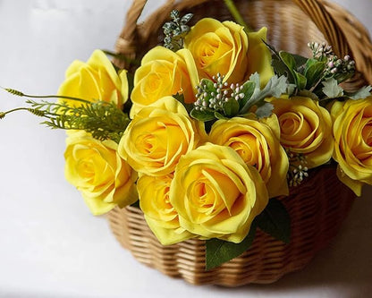 DuHouse 10pcs Fake Roses Artificial Silk Flowers Faux Rose Flower Long Stems Bouquet for Arrangement Wedding Centerpiece Party Home Kitchen Decor(Pure Yellow)