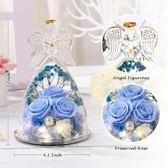 Christmas Preserved Angel Gifts for Women Birthday Preserved Rose Forever Flower in Glass Angel Figurines Fresh Flowers for Delivery Prime for Mom Real Roses for Grandma Sister Wife Her from Daughter