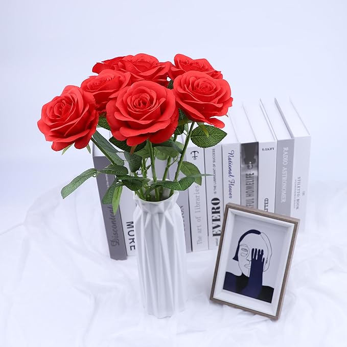 12pcs Roses Artificial Flowers Red Fake Flowers with Long Stems Silk Flowers for Wedding Bouquet Centerpices Decorations Party Bridal Baby Shower Home Decor