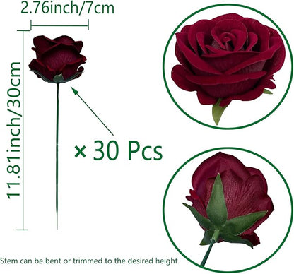 FagusHome 30 Pcs Silk Rose Artificial Flowers Roses Bulk Bouquet Fake Flowers Rose Heads with Stems for Home Wedding Decor (Dark Red)