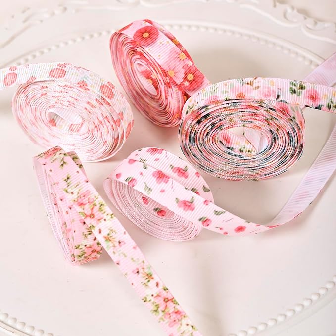 Floral Grosgrain Ribbon, 5 Rolls Flower Pattern Ribbon Spring Summer Fabric Decorative Craft Ribbon Roll for Gift Wrapping Decor Hair Bow Sewing Wreath Crafts (Pink Floral, 3/8 inch X 20Yards)