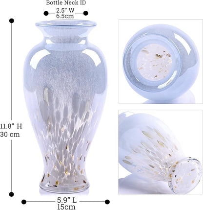 11.8" Tall Blown Blue Glass Vase, Colorful Opaque Glass Vase, Unique Design Wide Mouth Art Decoration for Home, Living Room, Dining Table, Pampas Grass Decor (Blue White)