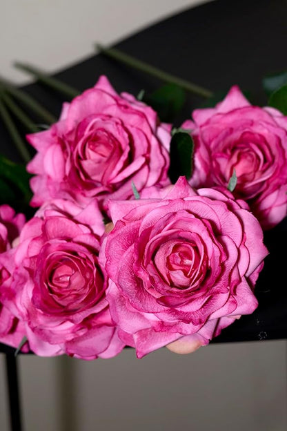Real Touch Artificial Roses 6pcs, Floyd Roses,17.3”Faux Silk Roses Bouquet for Home Decor, Wedding Centerpieces, Romantic Gifts & Party Arrangements, Fuchsia Realistic Flowers (Pink)