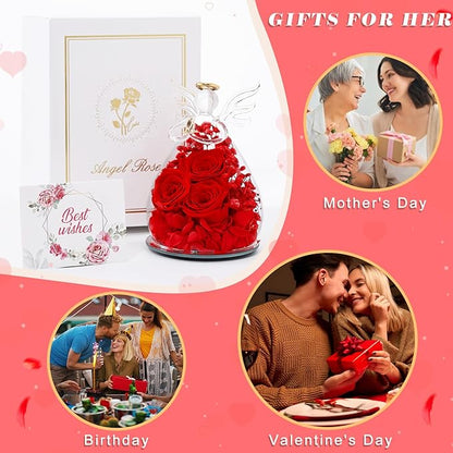 Beferr Christmas Birthday Gifts for Women, Mom Gifts for Christmas Fresh Flowers for Delivery Prime Forever Preserved Rose in Glass Angel Figurine Xmas Gifts for Grandma Wife Sister Her, Red