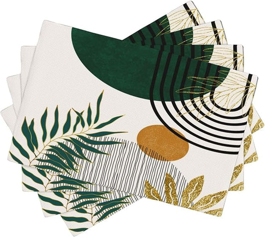 Boho Placemats, Modern Minimalist Art Abstract Geometric Sun Plant Print Washable Fabric Placemats Table Kitchen Dining Party 12x18 Inch Set of 6