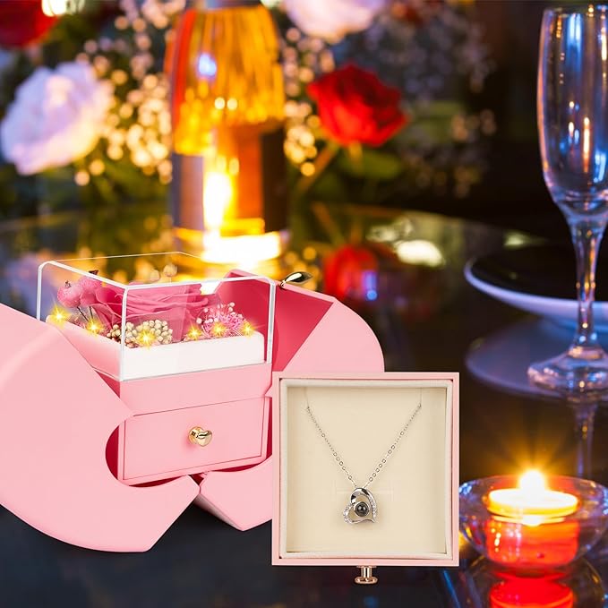 Preserved Pink Real Rose with I Love You Necklace, Eternal Flowers Rose Birthday Gifts for Women Her Mom Wife Girlfriend Grandma on Valentines Mothers Day Christmas Anniversary Romantic-Pink