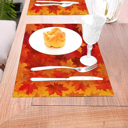 PVC Placemats Set of 4 Wipeable Table Mats Washable Heat Resistant Non Slip Vinyl Dining Table Mat for Kitchen Indoor Outdoor Patio Farmhouse Place Mats Orange Thanksgiving Maple Decorative