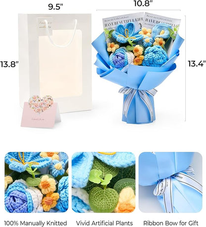 Crochet Flowers Bouquet Gift for Wife Girlfriend Fiancee Mother Women, Handmade Artificial Knit Blue Rose Tulip Flower for Wedding Anniversary Birthday Valentine's Day Present, Home Decor