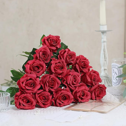 FOTEEWL 60 Pcs Artificial Rose Flower Realistic Faux Silk Roses Stem Fake Roses Bouquet for Flower Arrangement,Wedding Centerpieces,Party,Home Decorations (Burgundy)