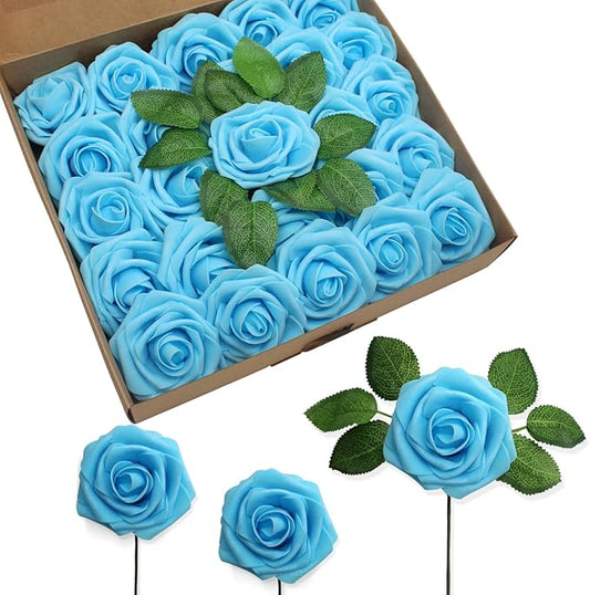 JOYLEX 100Pcs Light Blue Artificial Flowers Realistic Roses, Real Looking Fake Roses with Stem for DIY Wedding Bouquets Centerpieces Bridal Shower Party Home Romantic Decorations (Light Blue, 100pcs)