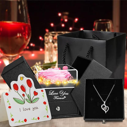 Preserved Pink Real Rose with I Love You Necklace -Eternal Flowers Rose Gifts for Mom Grandma Wife Girlfriend Gifts for Her Christmas Birthday Anniversary