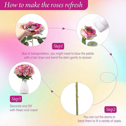Hotop 40 Pcs Rose Artificial Flowers Bulk with Long Stem,Realistic Silk Fake Roses Bouquet for Home Wedding Centerpieces Party Table Decoration Valentines Gifts(Rainbow Color)