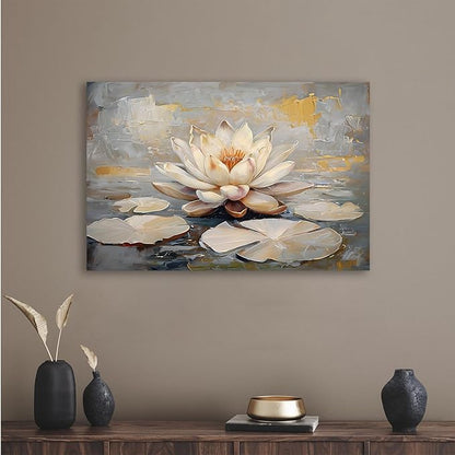 Ethereal white lotus floating on Crystal Waters poster vintage oil painting printwall art soft blush and gold accents serene home and office decor dreamy 28x40in Frameless