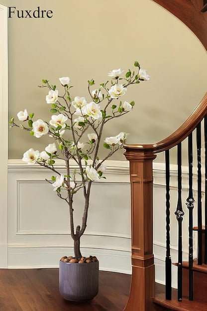 Artificial Magnolia Tree, 4.9 ft Tall Fake Indoor Tree, Faux Magnolia Tree is Realistic Real Touch Leaves and Flowers Perfect for Home Decor, Living Room, Floor and Wedding(White)